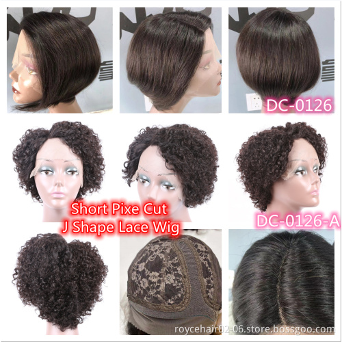 6inch Wholesale Remy Short Hair Swiss J Shape Braided Wigs,100% Brazilian Raw Human Hair Weave Curly Pixie Cut T Shape Lace Wig
